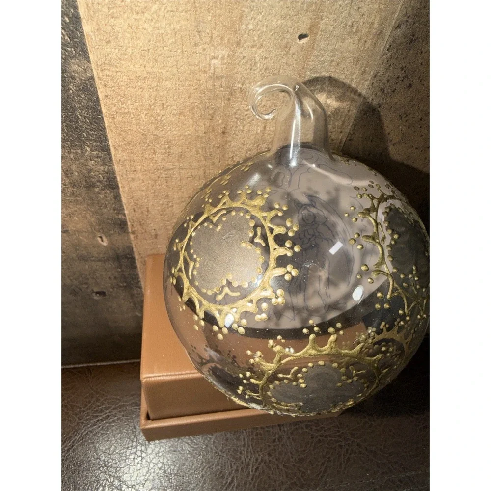 Vtg Hand Painted Inside Glass Christmas Ornament Angels Gold Trim Blown 3
